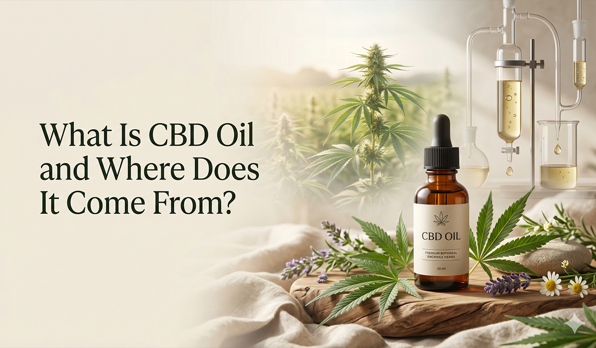 A CBD oil bottle with a dropper on a wooden block, surrounded by cannabis leaves, lavender, and laboratory glassware.